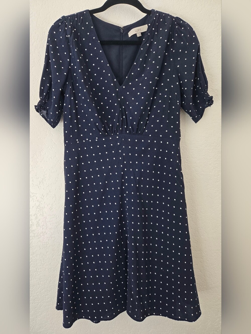 LOFT Navy and White Polka Dot Midi Dress